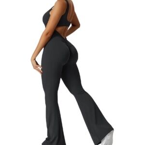 Women’s Workout V Open Back Scrunch Butt Flared Yoga Romper Jumpsuit